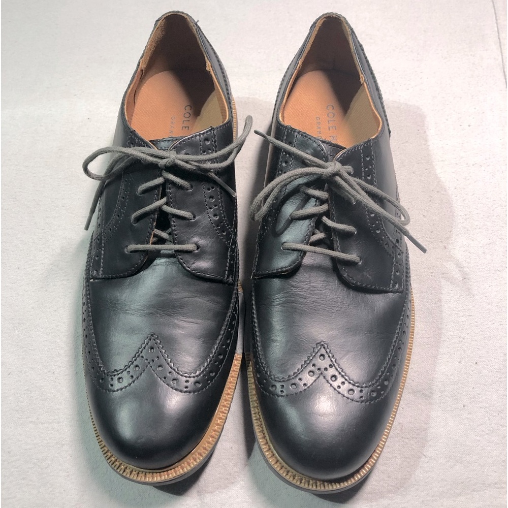 Cole Haan black Grand.OS Wingtip Oxford with gray laces.